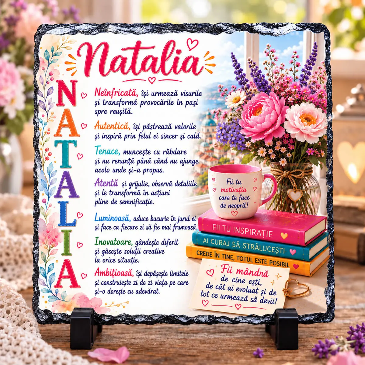 Cadouri personalizate cu nume și mesaj - Placă din ardezie personalizată cu numele Natalia, 14 × 14 cm