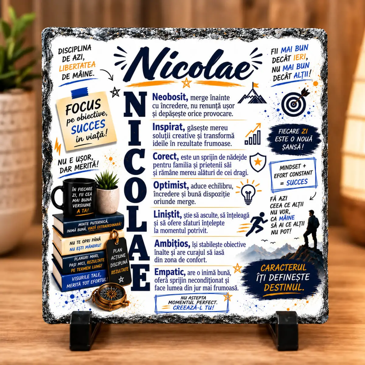 Noutăți și produse recent adăugate - Placă din ardezie personalizată cu numele Nicolae, 14 × 14 cm