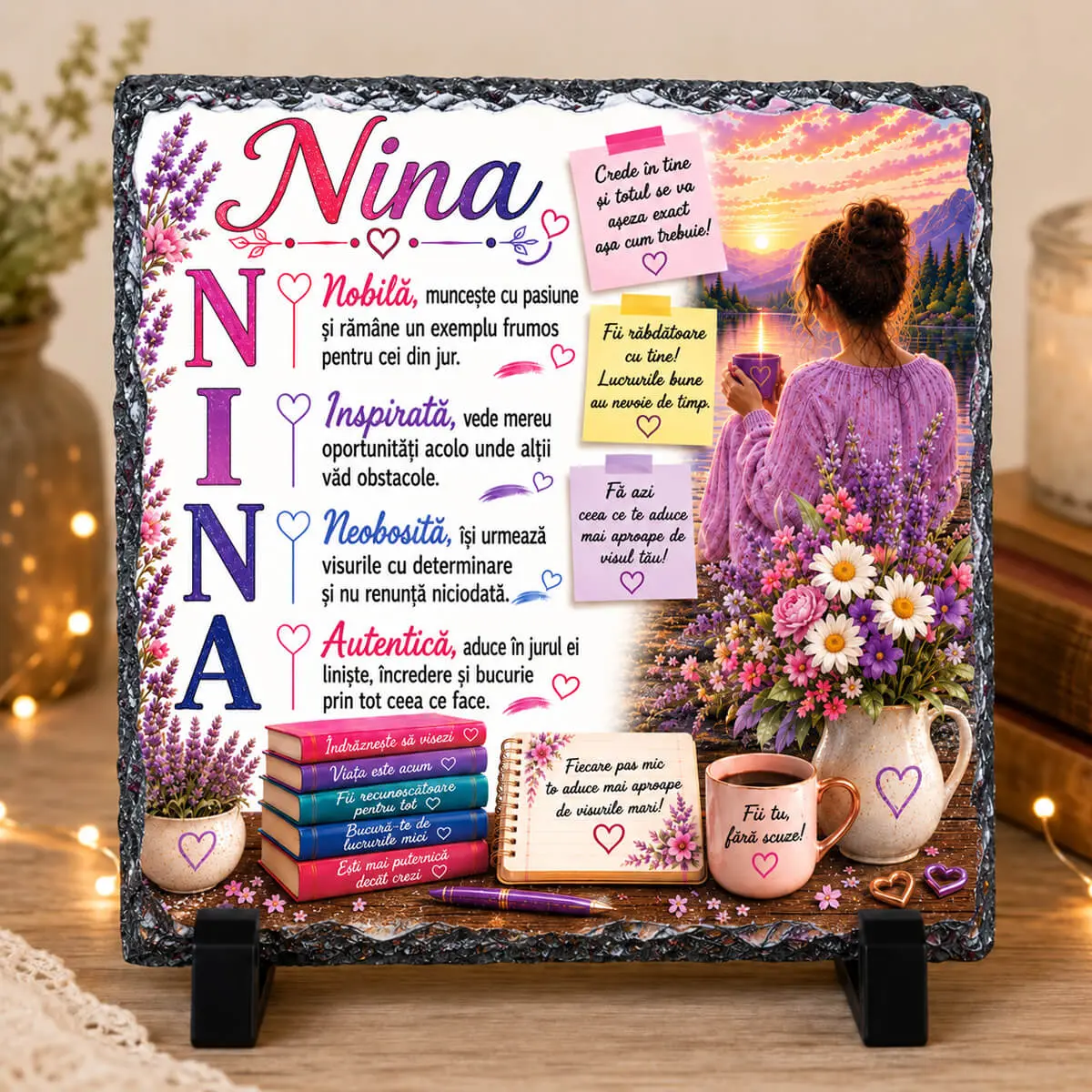 Noutăți și produse recent adăugate - Placă din ardezie personalizată cu numele Nina, 14 × 14 cm