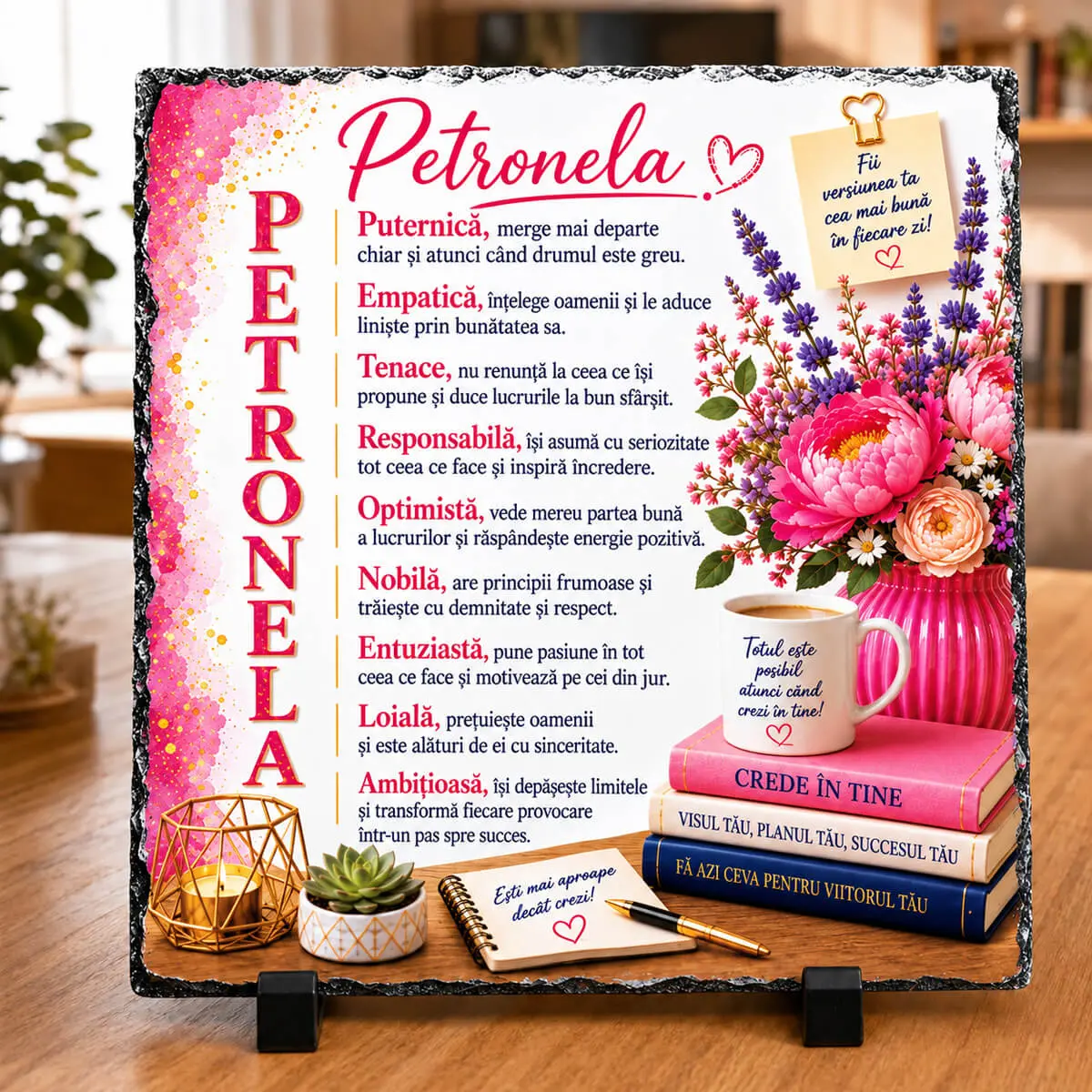 Noutăți și produse recent adăugate - Placă din ardezie personalizată cu numele Petronela, 14 × 14 cm