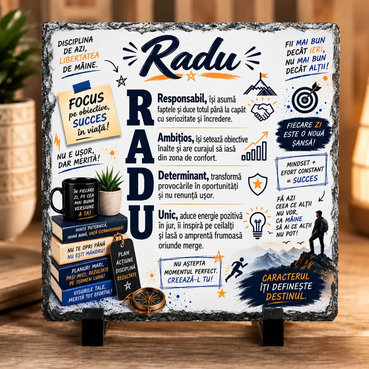 Noutăți și produse recent adăugate - Placă din ardezie personalizată cu numele Radu, 14 × 14 cm