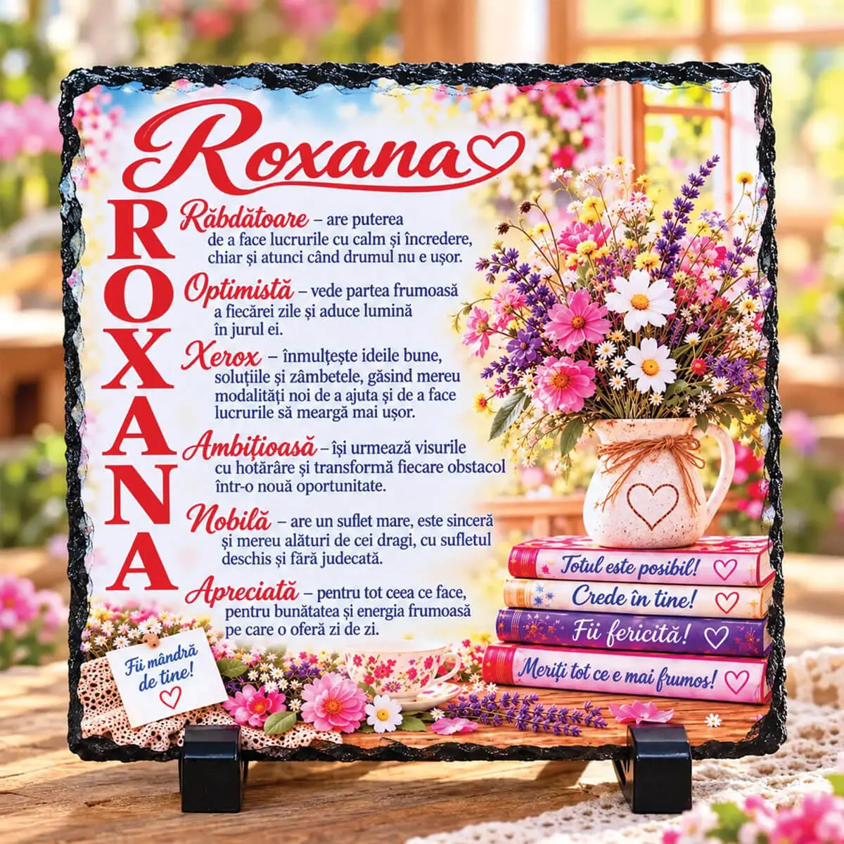 Noutăți și produse recent adăugate - Placă din ardezie personalizată cu numele Roxana, 14 × 14 cm