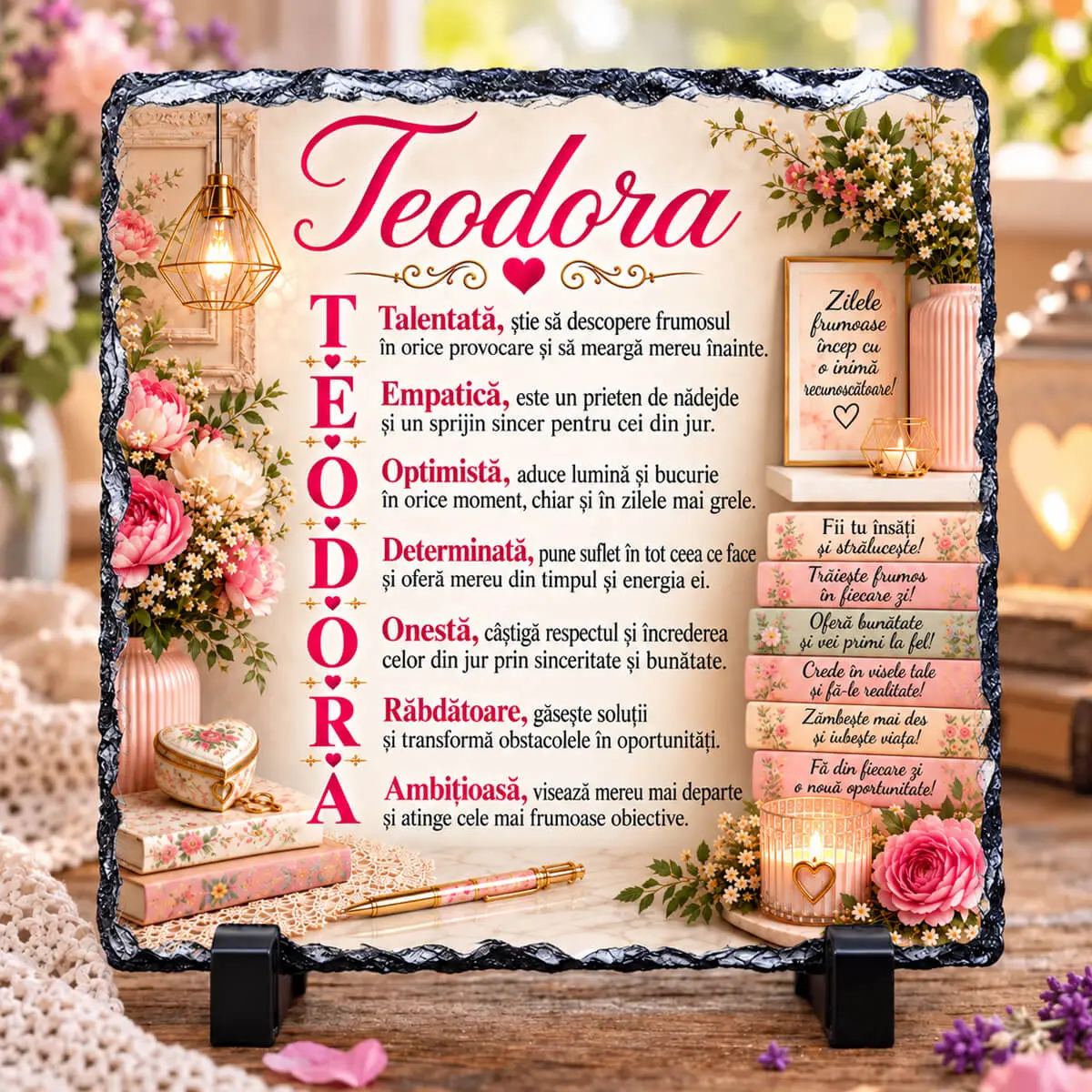 Noutăți și produse recent adăugate - Placă din ardezie personalizată cu numele Teodora, 14 × 14 cm