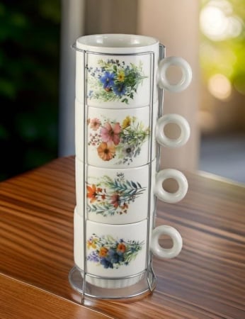 Cadouri pentru femei - Set 4 cesti din ceramica cu suport metalic, 220 ml, Flori