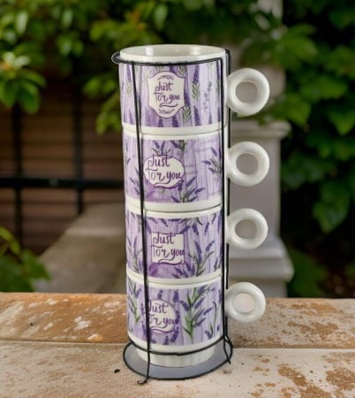 Decoratiuni din ceramica si sticla - Set 4 cesti din ceramica cu suport metalic „Just for You”, 220 ml, lavanda
