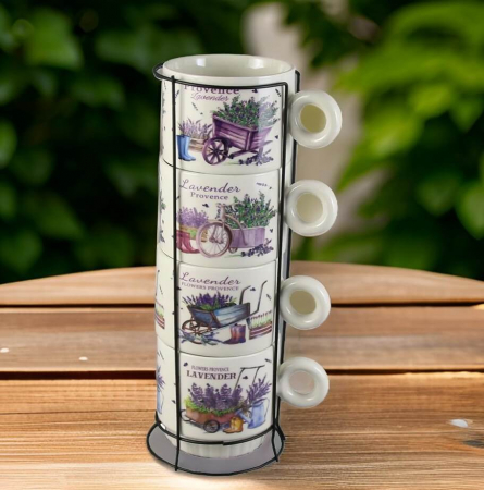 Decoratiuni din ceramica si sticla - Set 4 cesti din ceramica cu suport metalic „Lavender Provence”, 220 ml