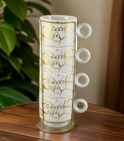 Decoratiuni casa - Set 4 cesti din ceramica cu suport metalic „Sweet Life”, 220 ml