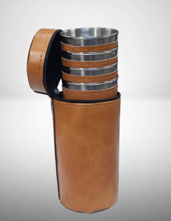 Idei de cadouri - Set 4 pahare din inox in husa imitatie piele-150 ml