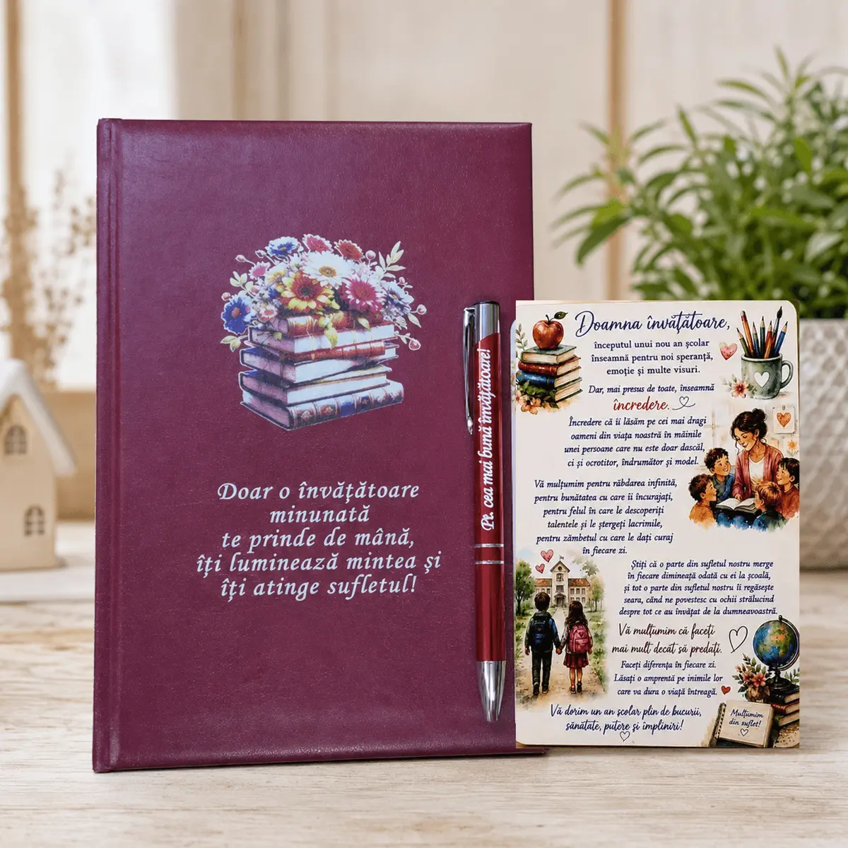 Idei de cadouri pentru toate ocaziile - Set cadou personalizat pentru doamna învățătoare BlumaCons, agendă A5, pix și magnet, Model 2