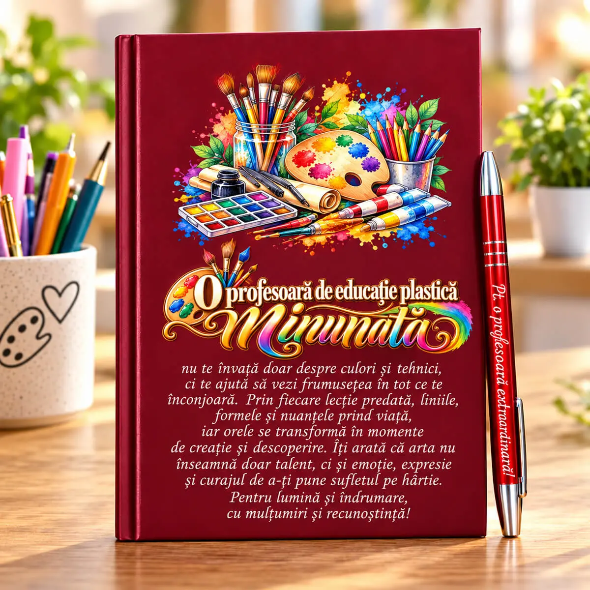 Noutăți și produse recent adăugate - Set cadou profesoară de educație plastică/Desen – Agendă A5 nedatată cu pix, 194 pagini