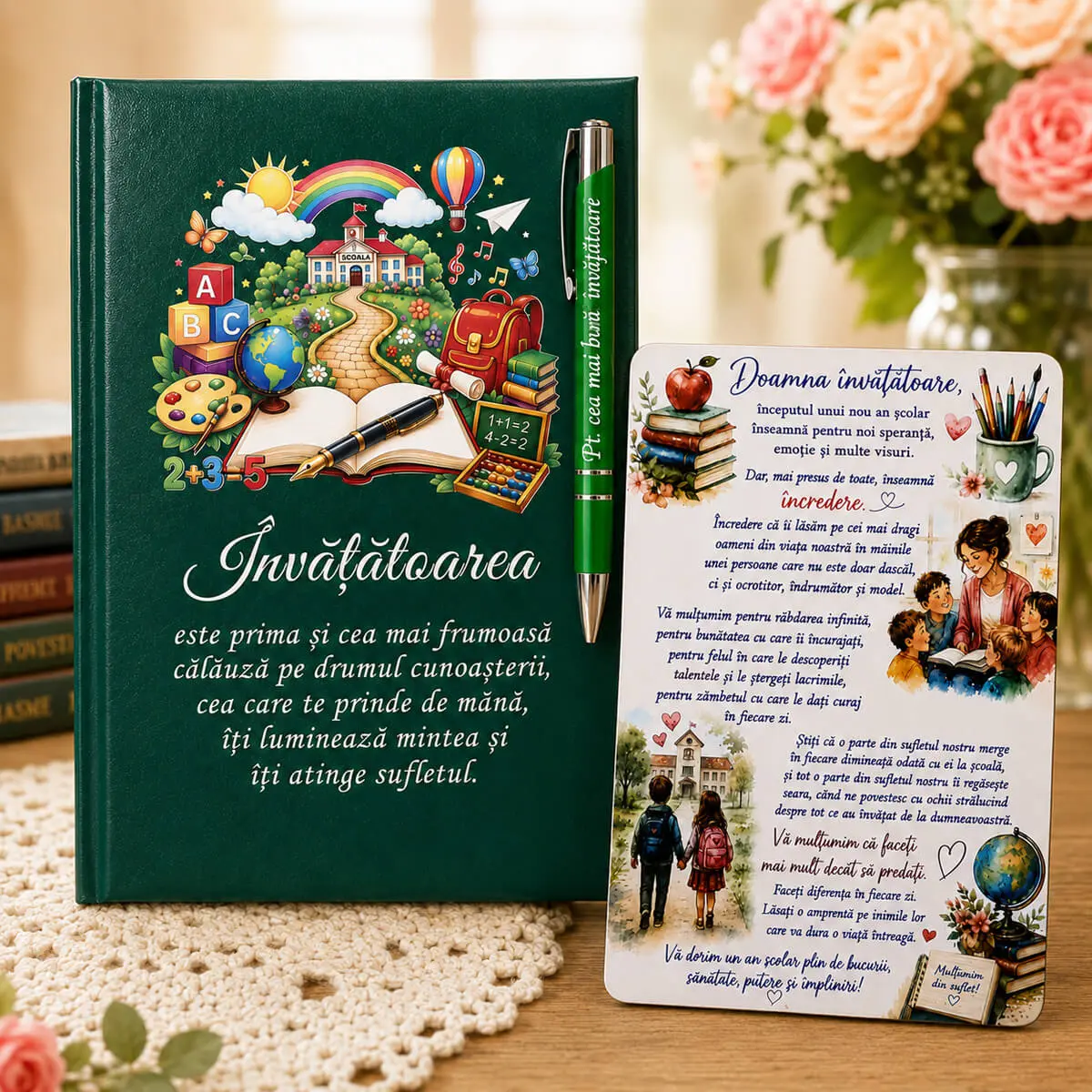 Noutati - Set Personalizat Cadou pentru Doamna Invatatoare – Agenda A5 + Pix personalizat+Magnet cu Mesaj de la Parinti