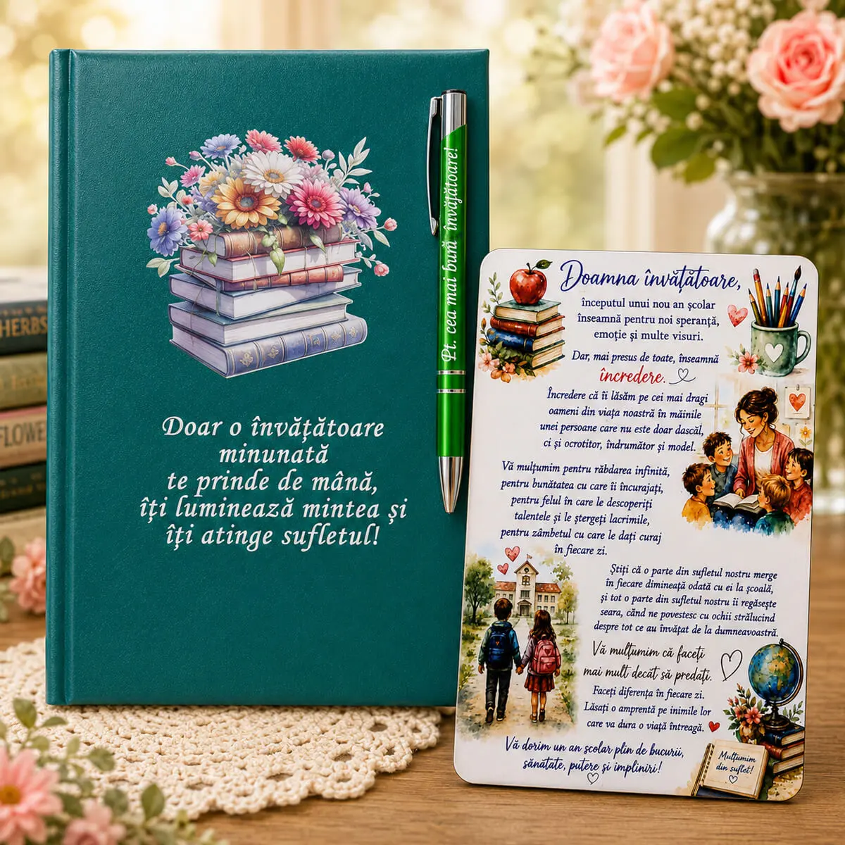 Noutati - Set Personalizat Cadou pentru Doamna Invatatoare – Agenda A5 + Pix personalizat+Magnet cu Mesaj de la Parinti-model 2