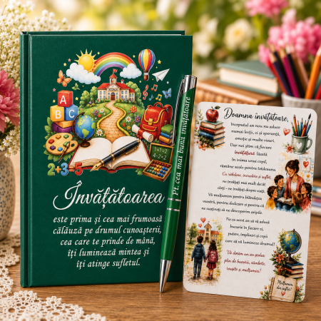Noutati - Set Personalizat Cadou pentru Doamna Invatatoare – Agenda A5 + Pix personalizat+Magnet cu Mesaj de la Parinti
