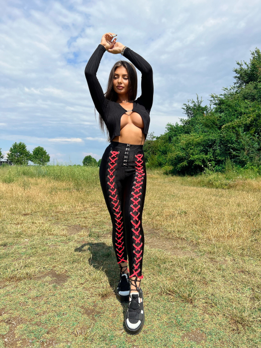 Colanti Luciosi Negri Black Roz Dama Bandage Pink cu Talie Inalta din Lycra Modelatori si Anticelulitici cu Siret | BOMBFIT [7]