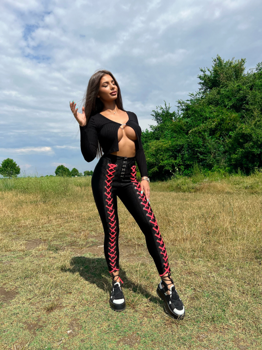 Colanti Luciosi Negri Black Roz Dama Bandage Pink cu Talie Inalta din Lycra Modelatori si Anticelulitici cu Siret | BOMBFIT [8]