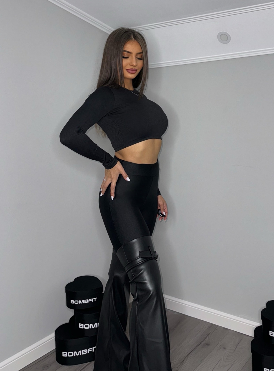 Colanti Negri Dama cu Talie Inalta Split Black Leather Casual Compresivi din Piele Modelatori Elastici | BOMBFIT [5]