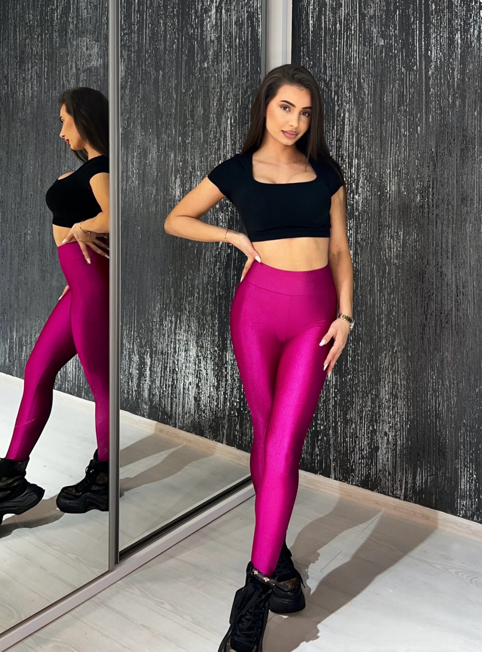 Colanti Luciosi Roz Dama cu Talie Inalta din Lycra Intense Pink Premium Modelatori Anticelulitici Elastici Compresivi Efect Push Up | BOMBFIT [4]