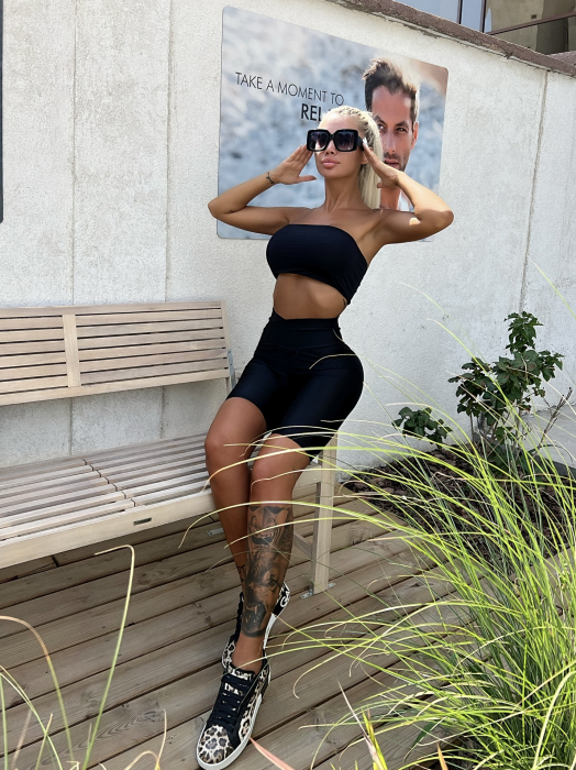 Colanti Luciosi Negri Scurti de Dama cu Talie Inalta in V Intense Black Short din Lycra Modelatori si Anticelulitici | BOMBFIT [5]