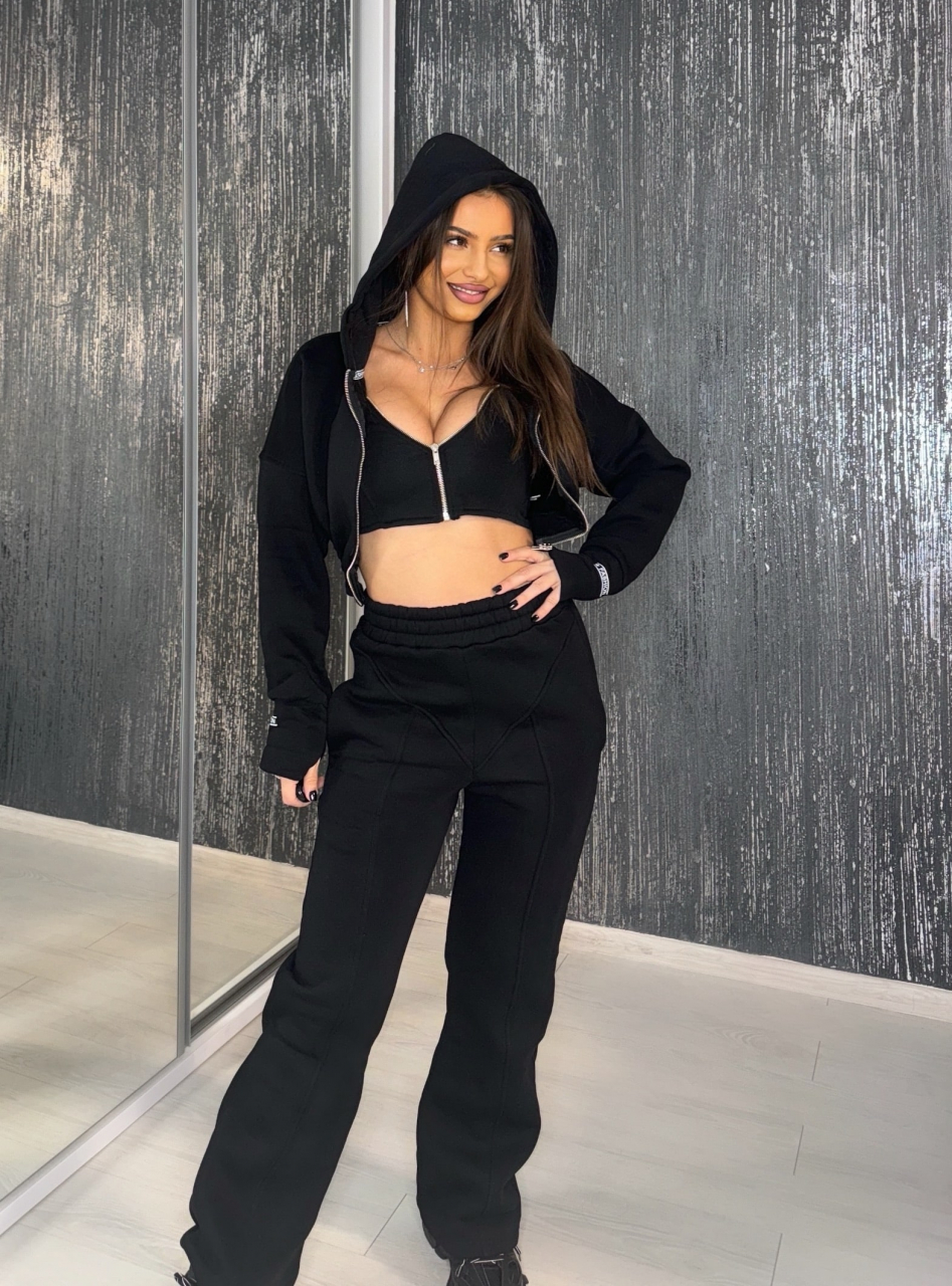 Compleu Negru de Dama Lung din Bumbac Black Power Premium din 3 Piese cu Textura Mata Oversize Evazat Sport | BOMBFIT [4]