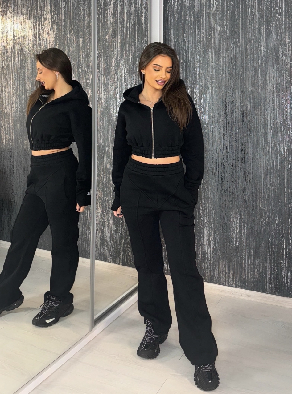 Compleu Negru de Dama Lung din Bumbac Black Power Premium din 3 Piese cu Textura Mata Oversize Evazat Sport | BOMBFIT [3]