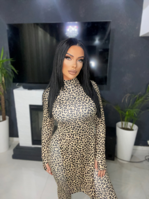 Compleu Leopard Bej Crem de Dama Lung cu Imprimeu Cuttie Wild Dream din 2 Piese Textura Mata Modelator Compresiv Anticelulitic Efect Push Up Elegant Sport | BOMBFIT [3]