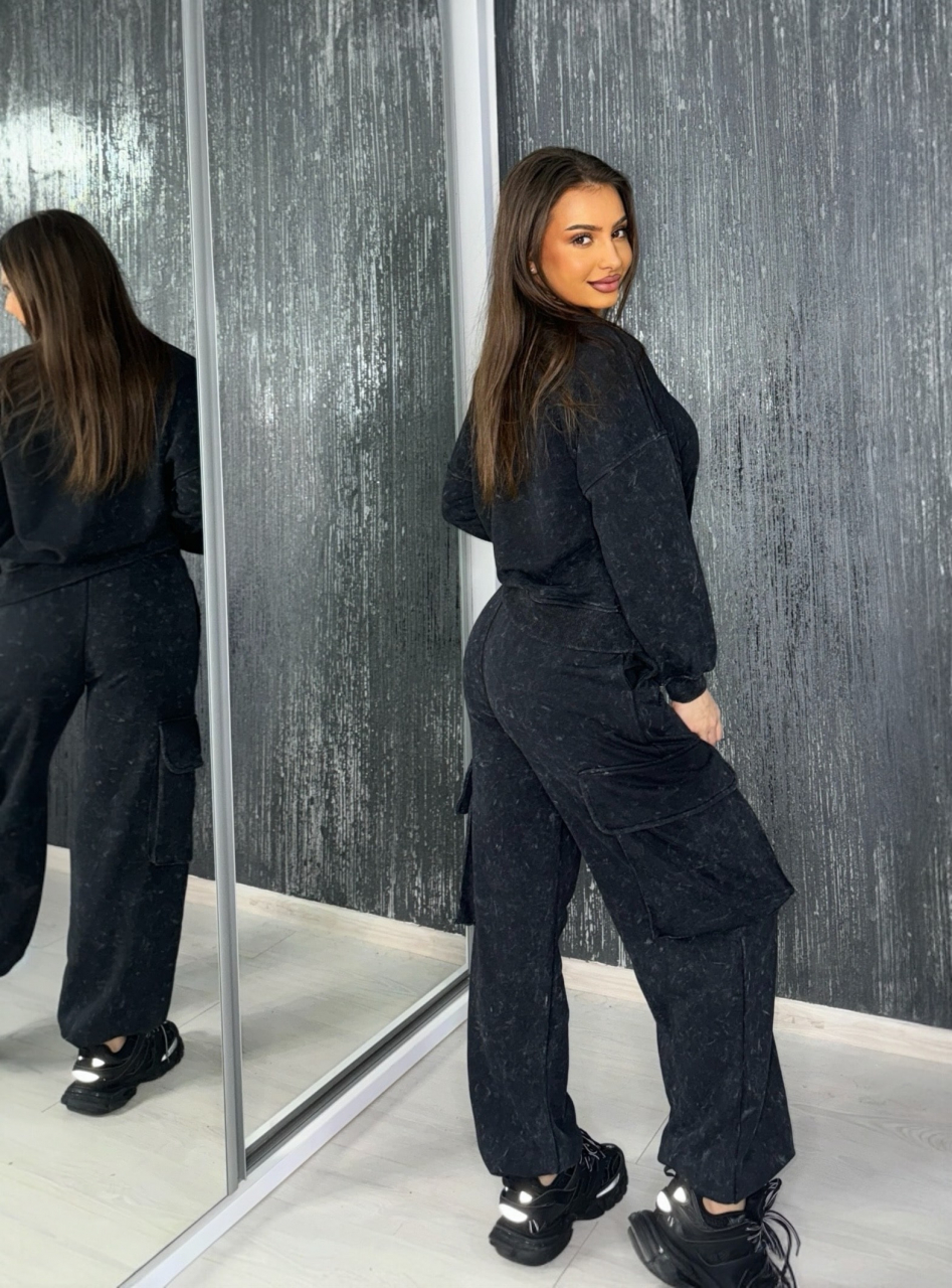 Compleu Negru Gri Inchis Prespalat de Dama Lung Dark Cloud 3 Piese cu Bluza Lejera Oversize Sport Casual | BOMBFIT [3]