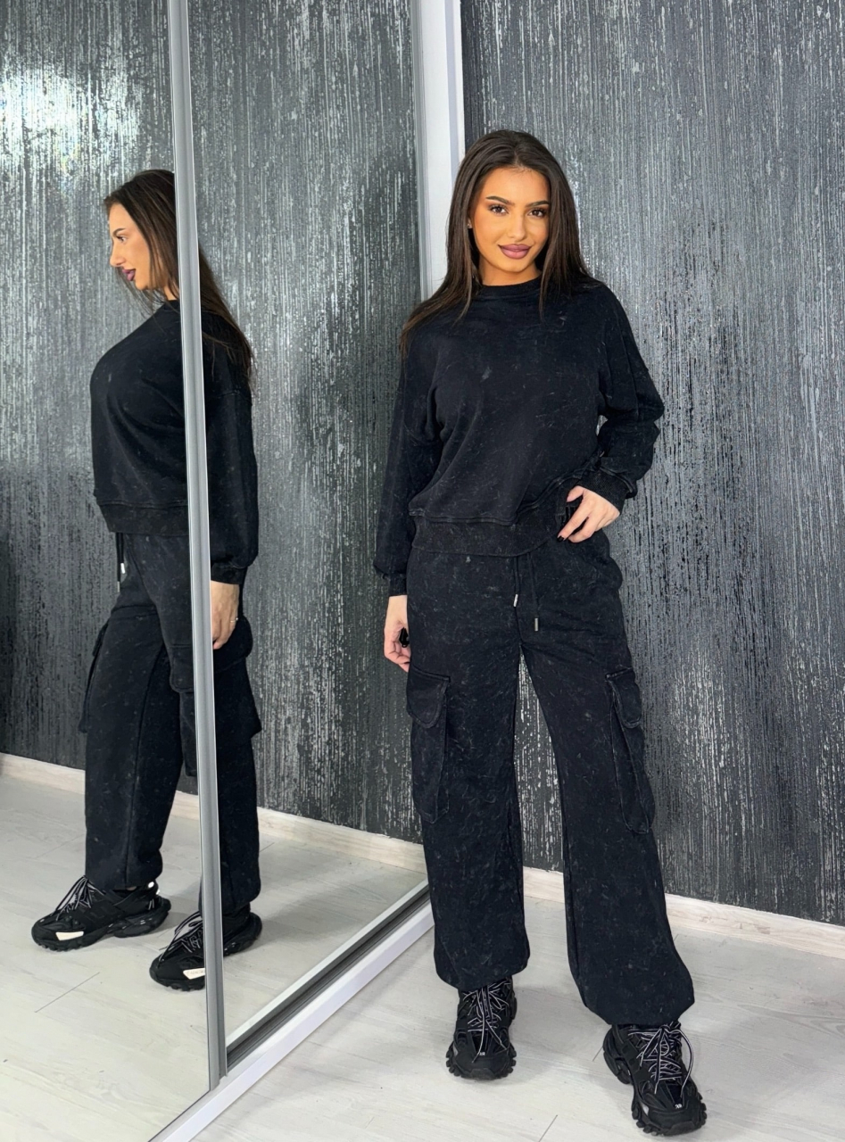 Compleu Negru Gri Inchis Prespalat de Dama Lung Dark Cloud 3 Piese cu Bluza Lejera Oversize Sport Casual | BOMBFIT [4]