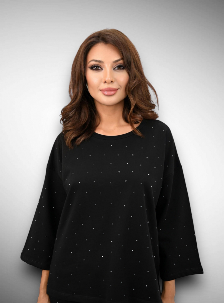 Compleu Negru de Dama Lung din Bumbac Diamond Glam cu Bluza din 2 Piese Sport cu Cristale | BOMBFIT [4]