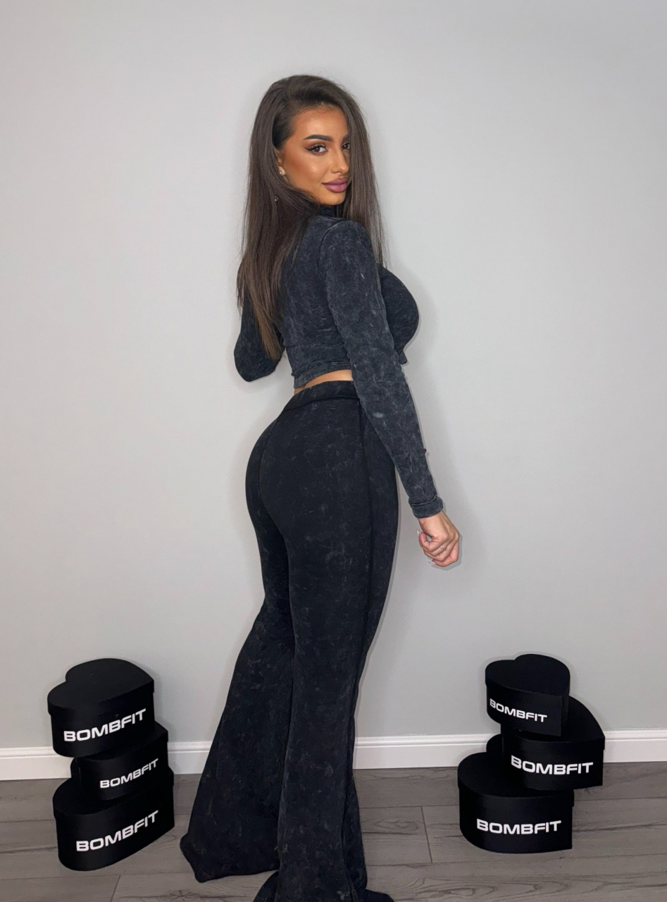Compleu Negru Gri Inchis Prespalat de Dama Lung Luxe Graphite cu Bluza cu Fermoar Lejera Lunga si Pantaloni de Trening Evazati din 2 Piese Sport | BOMBFIT [2]