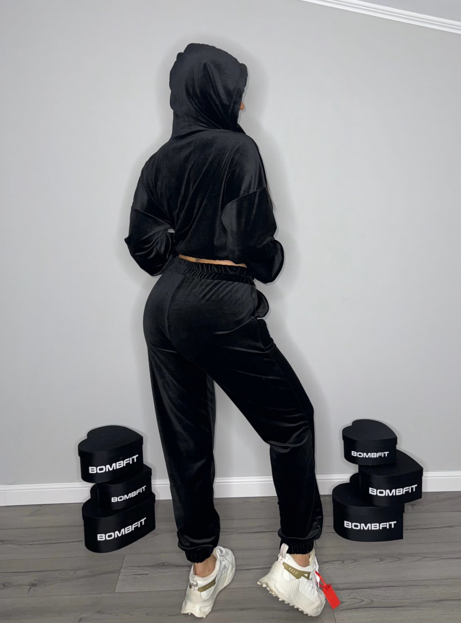 Compleu Negru de Dama Lung din Catifea Luxe Velvet cu Hanorac Bustiera si Pantaloni de Trening din 3 Piese Sport | BOMBFIT [4]
