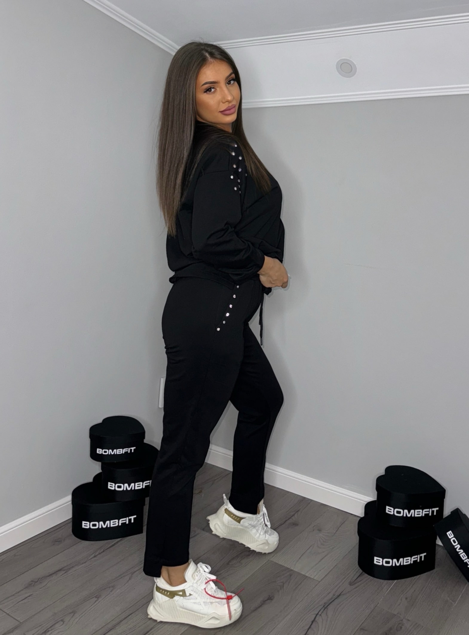 Compleu Negru de Dama Lung din Bumbac Shiny Diamond cu Bluza Lunga din 2 Piese Sport cu Cristale | BOMBFIT [4]