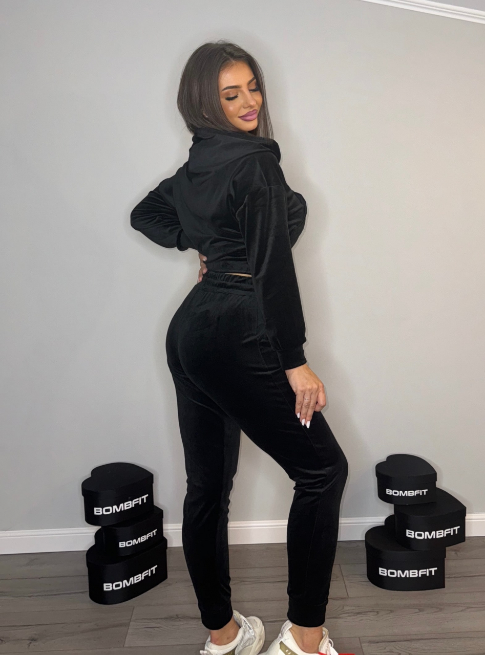 Compleu Negru de Dama Lung din Catifea Velvet Noir Fit Hanorac cu Maneci Lungi si Fermoar cu Pantaloni din 2 Piese Sport | BOMBFIT [3]