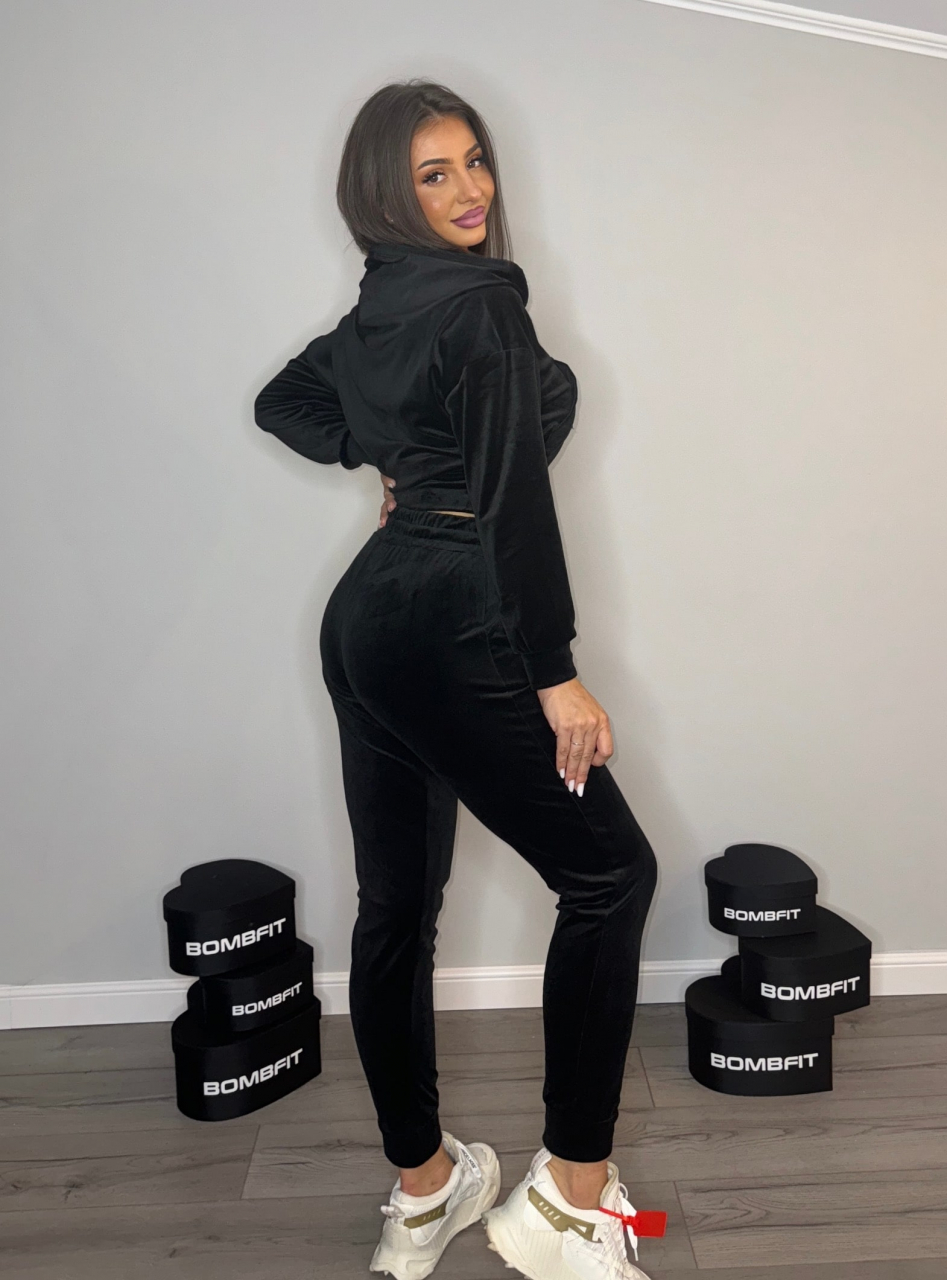 Compleu Negru de Dama Lung din Catifea Velvet Noir Fit Hanorac cu Maneci Lungi si Fermoar cu Pantaloni din 2 Piese Sport | BOMBFIT [4]