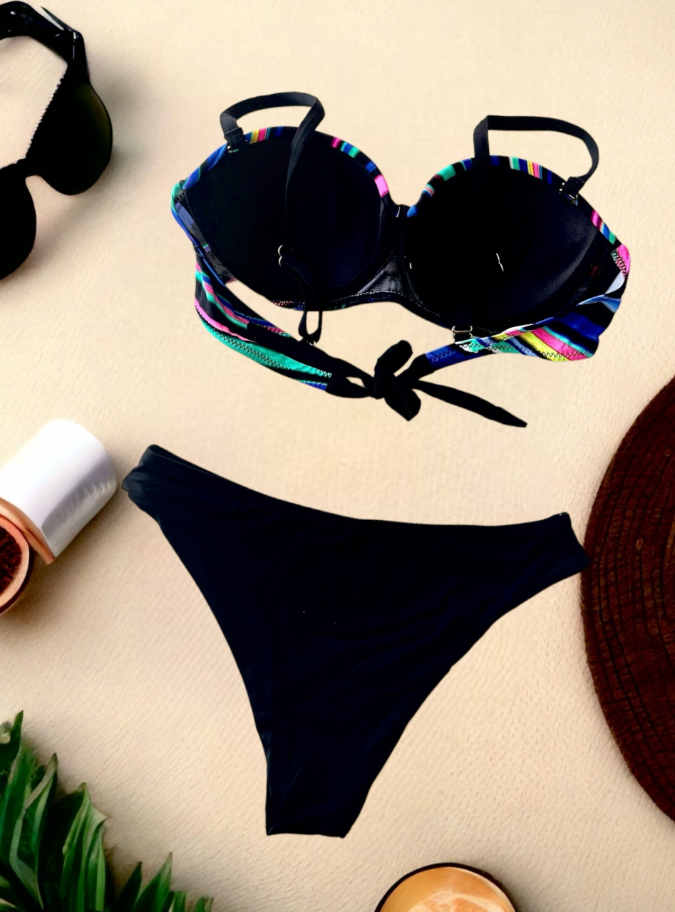 Costum de Baie Negru Multicolor Pentru Femei din 2 Piese Colorful Modelator Efect Push Up | BOMBFIT [5]
