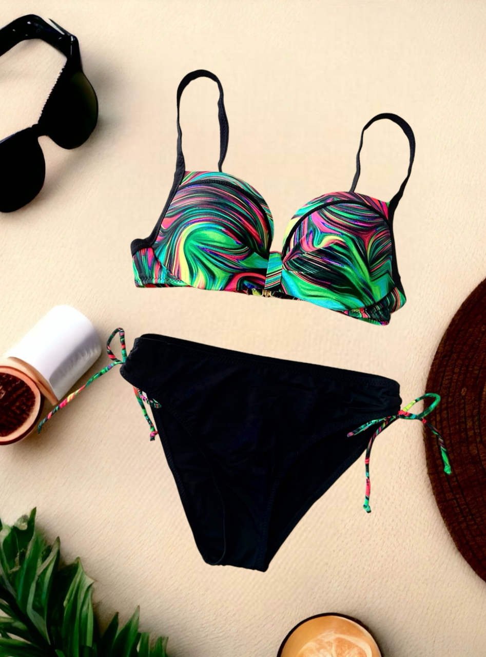 Costum de Baie Negru Multicolor Pentru Femei din 2 Piese Fantasy Modelator Efect Push Up | BOMBFIT [4]