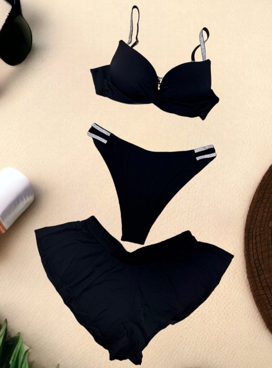 Costum de Baie Negru cu Diamante Pentru Femei din 3 Piese Temptation Black Modelator Efect Push Up | BOMBFIT [8]