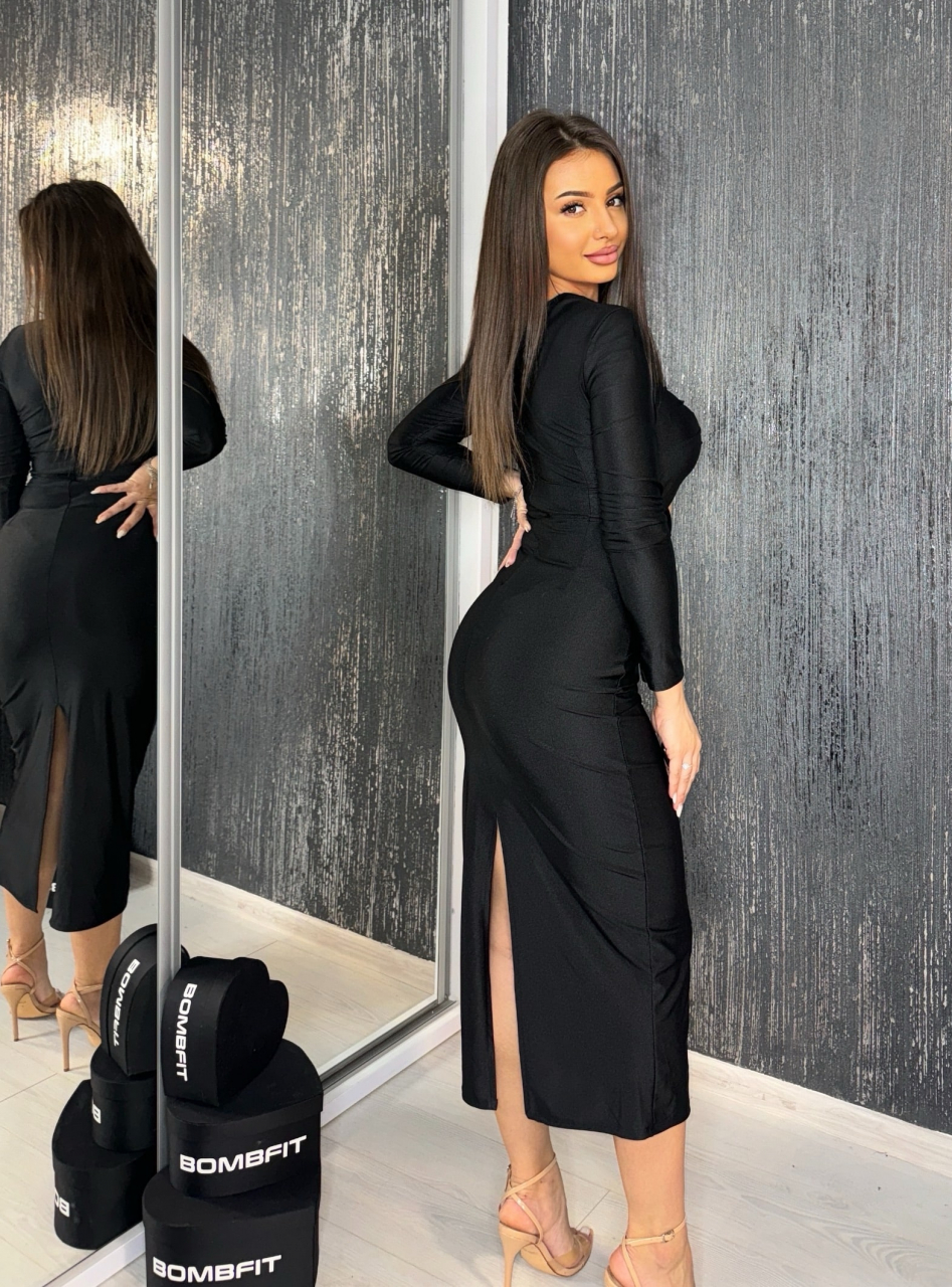 Rochie Black Obsession Long Dama Eleganta Neagra de Seara Cu Decupaje si Crapatura la Spate | BOMBFIT [3]