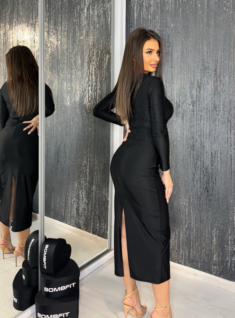 Rochie Black Obsession Long Dama Eleganta Neagra de Seara Cu Decupaje si Crapatura la Spate | BOMBFIT [7]