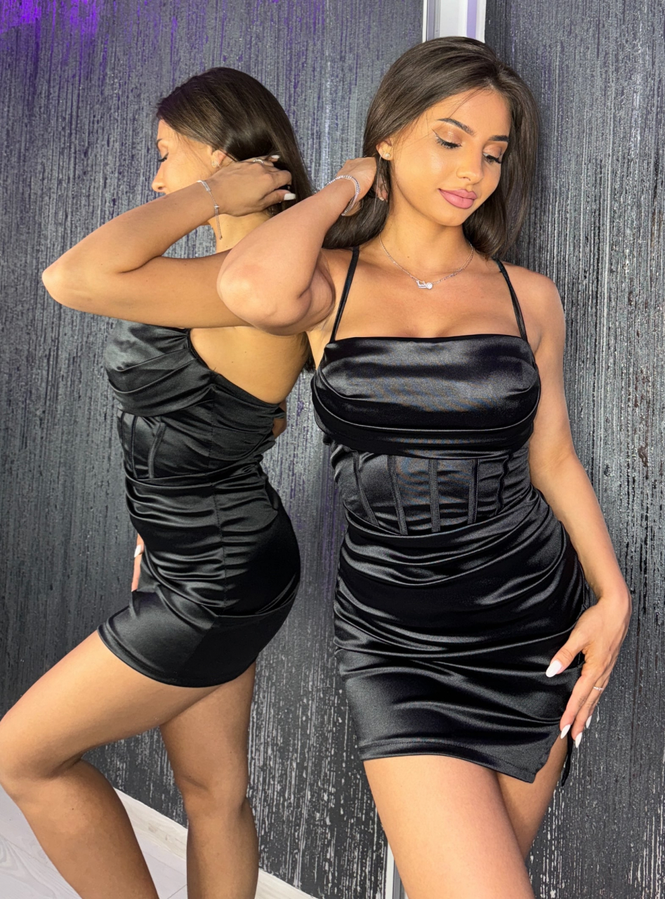 Rochie Satin Black Corset Dama Eleganta Neagra de Ocazie Cu Decupaj Pe Picior Scurta | BOMBFIT [2]