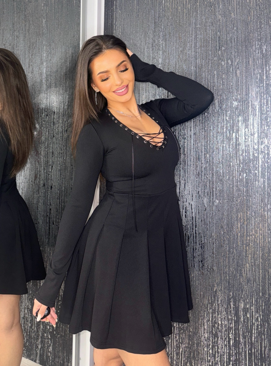 Rochie String Black Dama Eleganta Neagra cu Snur Reglabil si Decolteu in V | BOMBFIT [5]