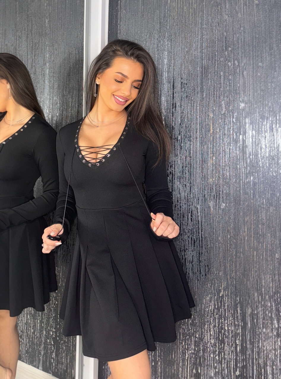 Rochie String Black Dama Eleganta Neagra cu Snur Reglabil si Decolteu in V | BOMBFIT [2]