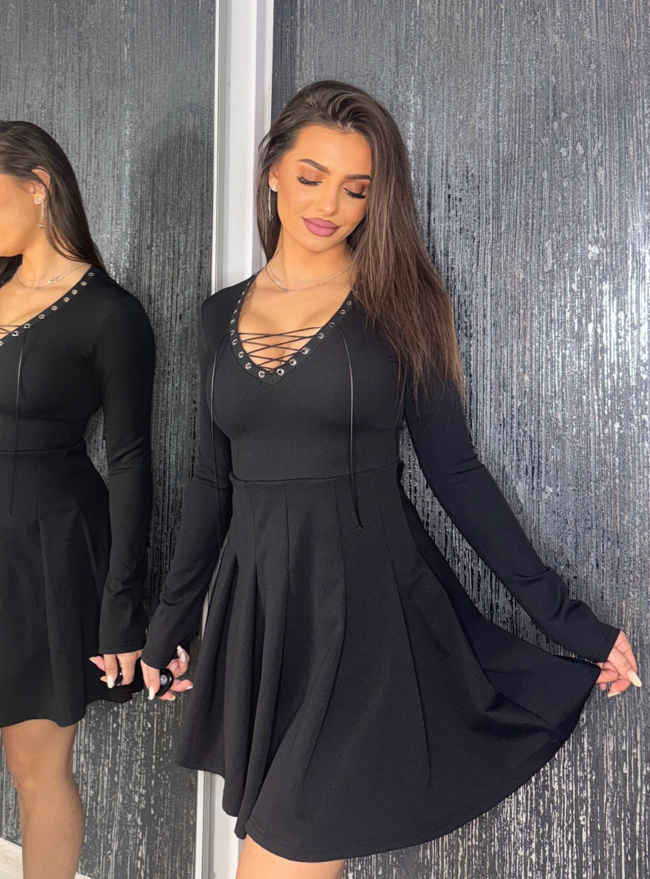 Rochie String Black Dama Eleganta Neagra cu Snur Reglabil si Decolteu in V | BOMBFIT [3]