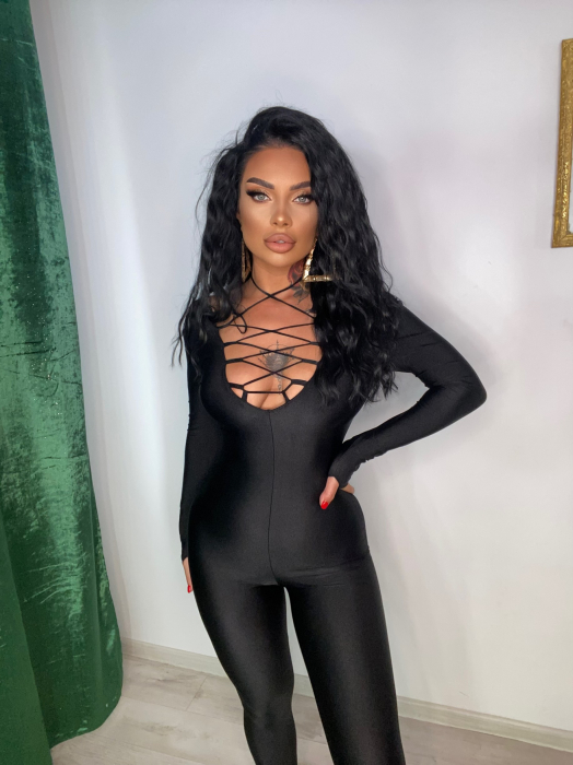 Salopeta Lucioasa Neagra Dama Lunga Decoltata cu Siret Modelatoare si Compresiva Baddie Black din Lycra | BOMBFIT [10]