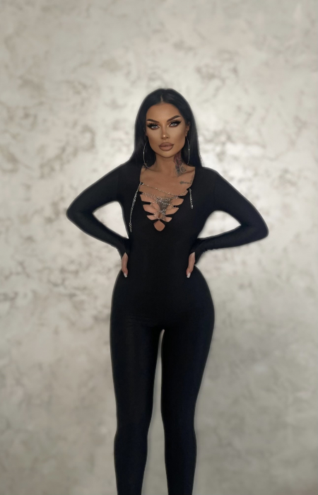 Salopeta Lucioasa Neagra Dama Lunga Decoltata Modelatoare si Compresiva Baddie Diamond din Lycra | BOMBFIT [4]