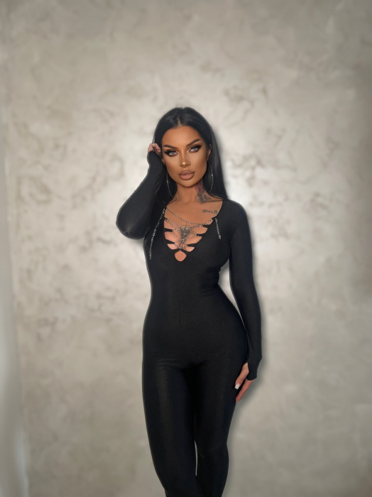 Salopeta Lucioasa Neagra Dama Lunga Decoltata Modelatoare si Compresiva Baddie Diamond din Lycra | BOMBFIT [2]