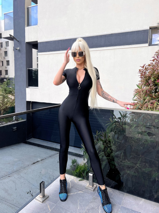 Salopeta Lucioasa Neagra Dama Modelatoare si Compresiva Zip Up Black Crop din Lycra | BOMBFIT [5]