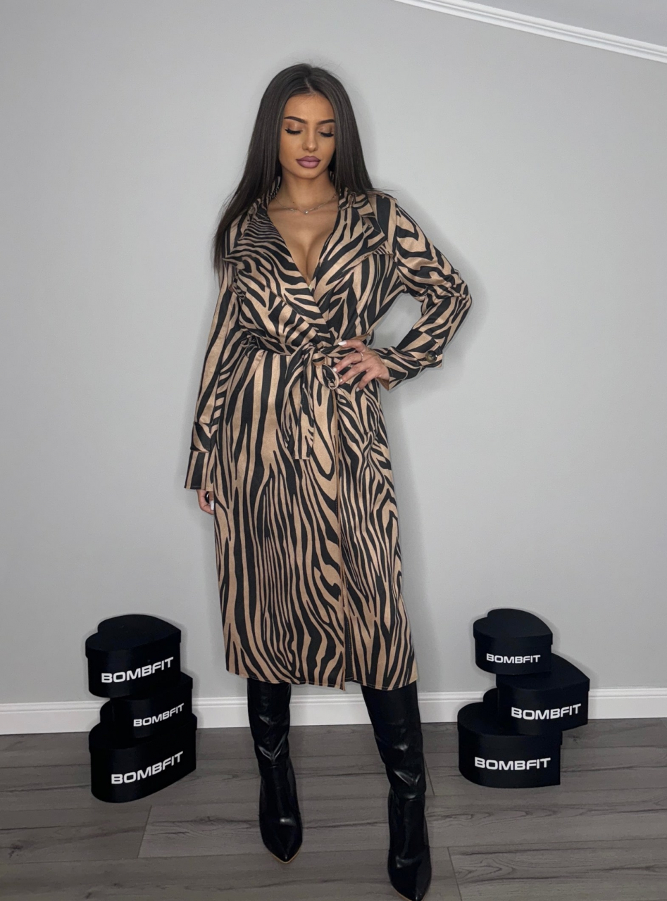 Trenci Luxe Tiger Lung cu Imprimeu Tigru Animal Print Crem Bej Nude Dama din Piele Intoarsa Palton Pardesiu cu Cordon Reglabil Calduros Pentru Primavara Toamna Iarna | BOMBFIT [2]