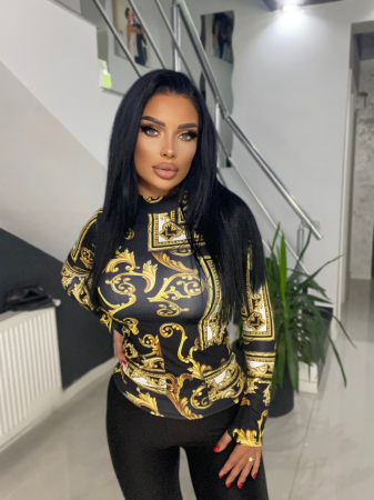 Bluza Maleta Aurie Neagra Dama cu Imprimeu din Bumbac Lunga Gold Chain Long Elastica Casual Eleganta Confortabila Moderna | BOMBFIT [2]