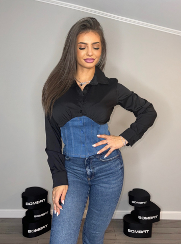 Camasa Neagra de Dama din Denim Corset Black Elastica Casual Eleganta Confortabila Moderna | BOMBFIT [2]