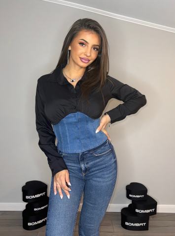 BLUZE & TOPURI - Camasa Neagra de Dama din Denim Corset Black Elastica Casual Eleganta Confortabila Moderna | BOMBFIT
